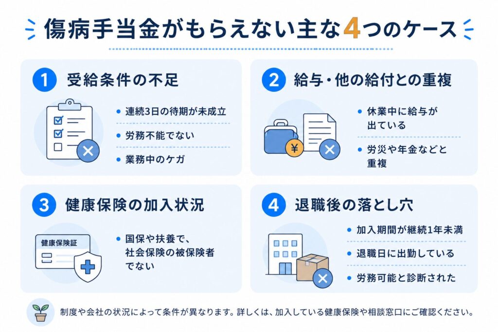 傷病手当金がもらえない主な4つのケース