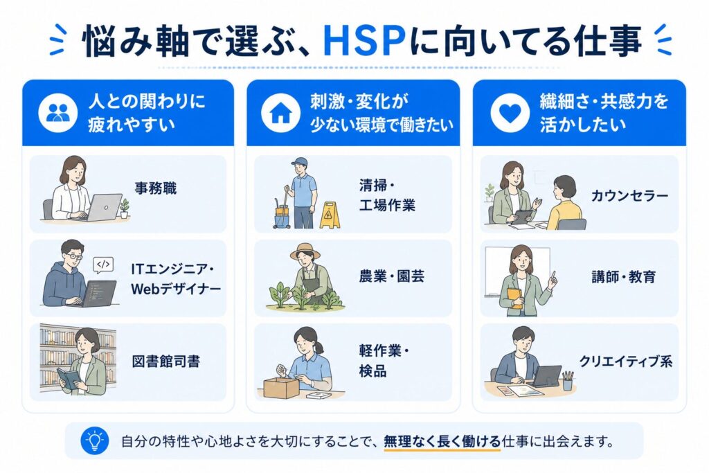 悩み軸で選ぶ、HSPに向いてる仕事